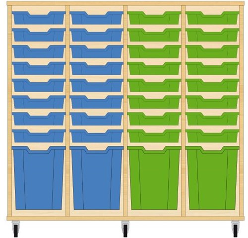 Storix Materiaalkast 51 wit, B1390xH1200xD465 - laden blauw-blauw-groen-groen
