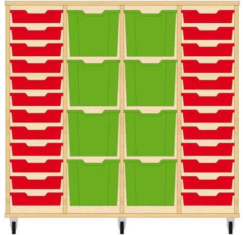 Storix Materiaalkast 92 wit, B1390xH1200xD465 - laden rood-groen-groen-rood