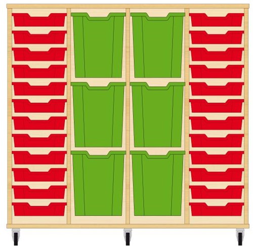 Storix Materiaalkast 93 wit, B1390xH1200xD465 - laden rood-groen-groen-rood