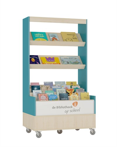 Foxis browser boekenkast enkelzijdig - B900 x D600 x H1660 mm - ahorn-turquoise blauw