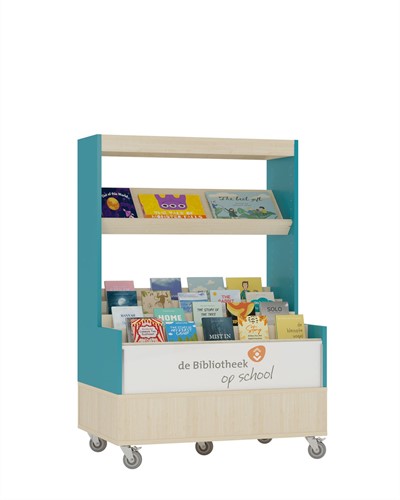 Foxis browser boekenkast enkelzijdig - B900 x D600 x H1340 mm - ahorn-turquoise blauw