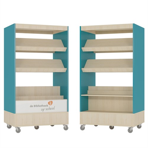 Foxis browser boekenkast hybride dubbelzijdig - B900 x D600 x H1660 mm - ahorn-turquoise blauw
